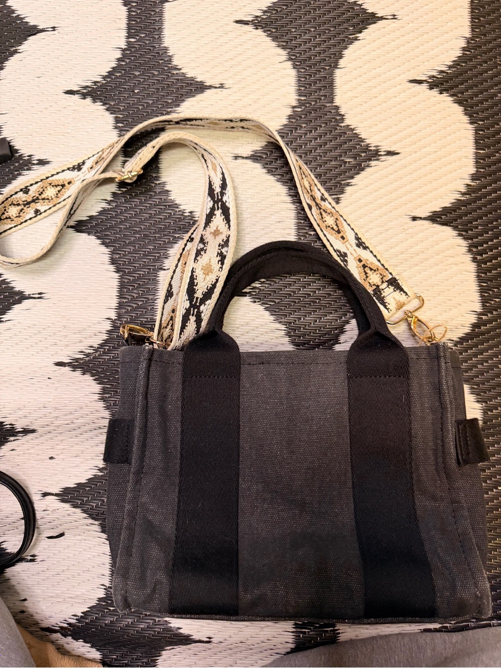 Black Canvas Stripe Tote with Patterned Strap Universal Thread